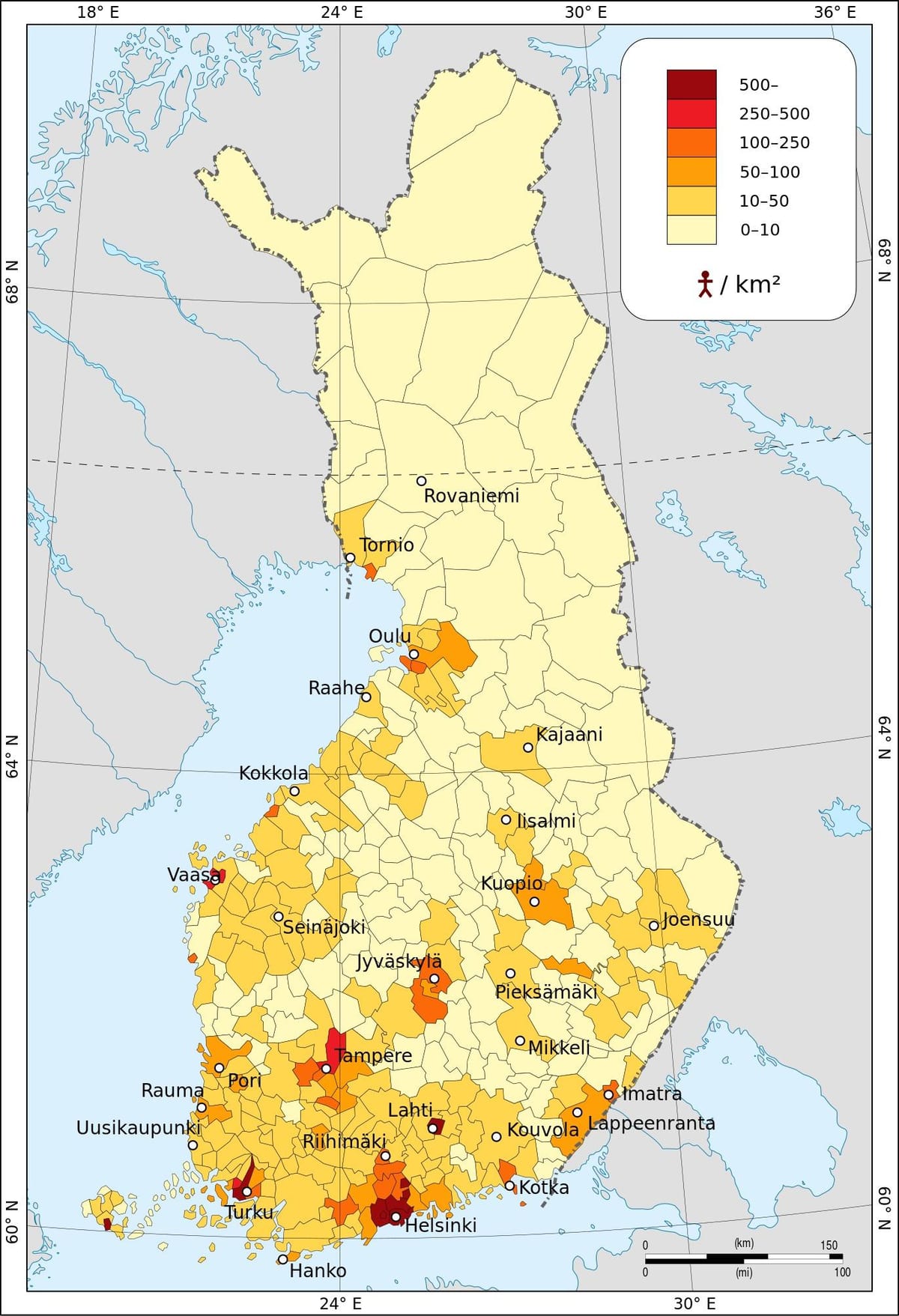 ಫಿನ್ಲ್ಯಾಂಡ್ ಜನಸಂಖ್ಯೆಯ ಸಾಂದ್ರತೆ ನಕ್ಷೆ