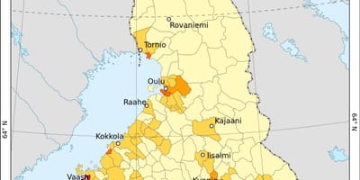 ಫಿನ್ಲ್ಯಾಂಡ್ ಜನಸಂಖ್ಯೆಯ ಸಾಂದ್ರತೆ ನಕ್ಷೆ